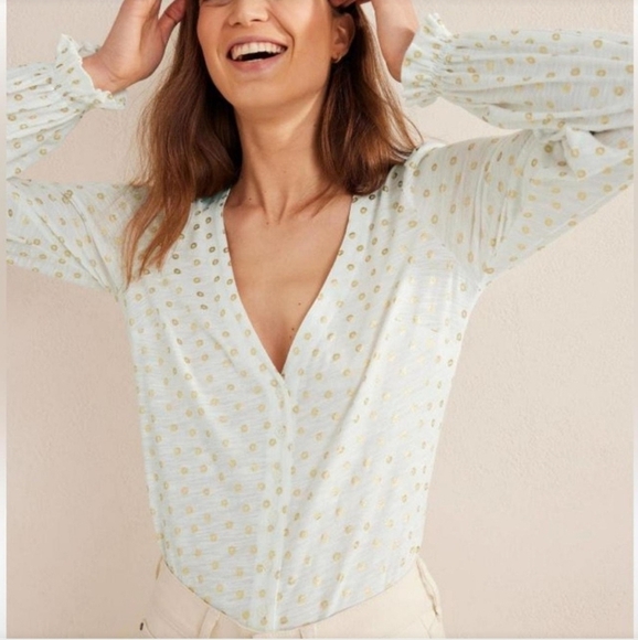 Boden Metallic Gold Flower Print V-Neck Long Sleeves Women's Blouse Size 16/18 - Picture 1 of 8